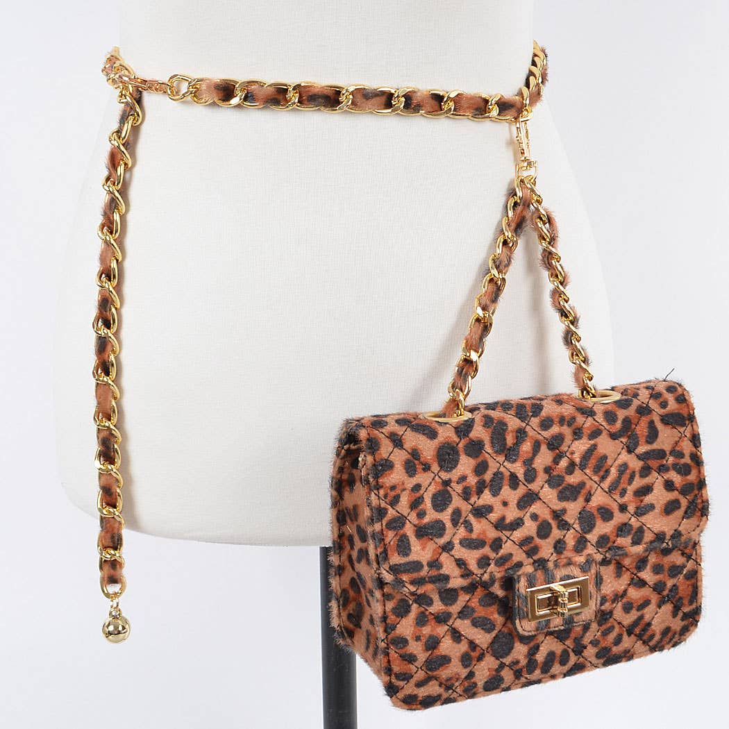 Faux Leopard Skin Bag With Chain Belt