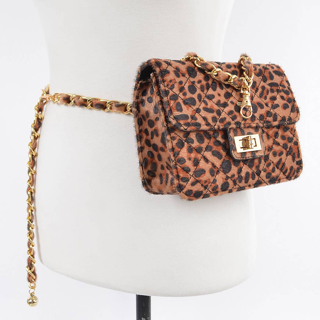 Faux Leopard Skin Bag With Chain Belt