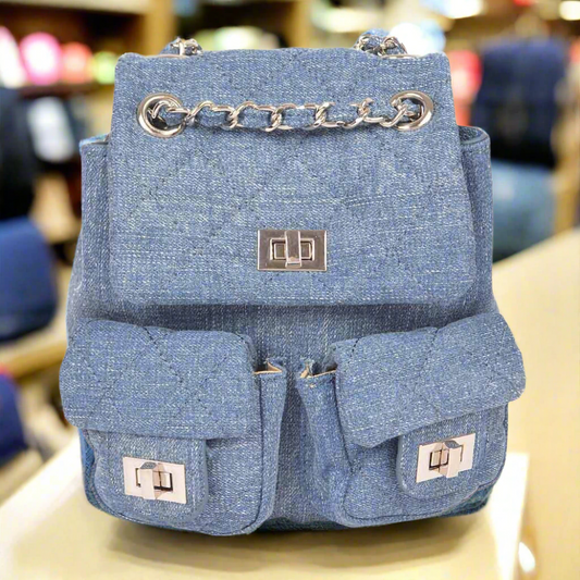 Quilted Denim Double Pocket Mini Backpack